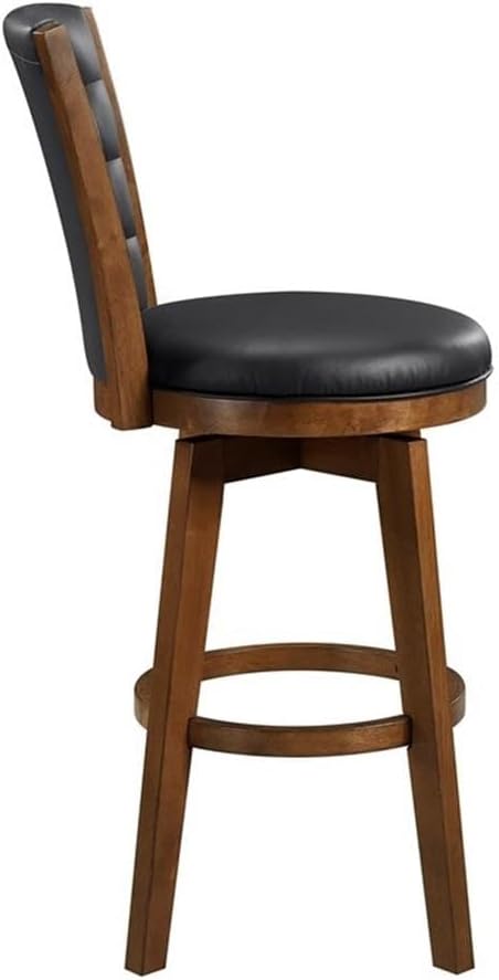 Pemberly Row Traditional Faux Leather Swivel Pub Height Chair, Black Upholstery, Button-Tufted Back, Chestnut Wood Frame, 30 in Seat Height, Modern Bar Seating