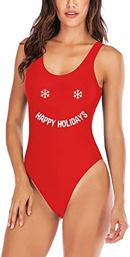 YELAIVP Christmas Happy Holiday Padded One Piece Swimsuit Retro High Cut Low Back Bathing Suits for Women