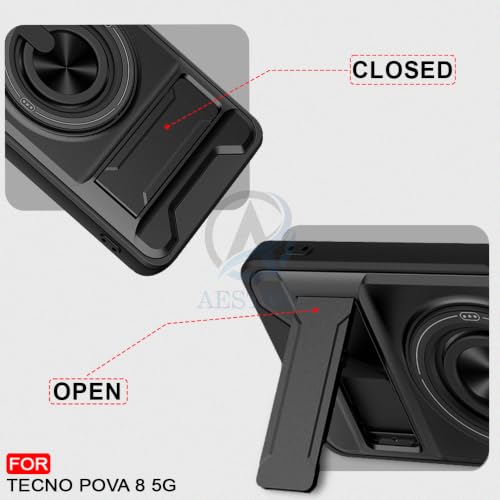 Image of AESTMO Tecno Pova 8 5G Back Cover | Armor Camera Slider 360 Degree Rotating Finger Ring Holder Case with Bracket Stand Back Case Cover (Compatible with MagSafe Accessories) (Black)