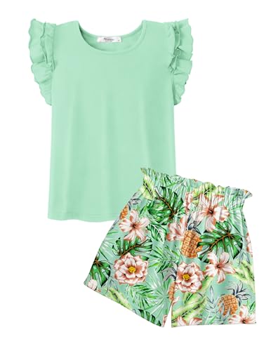 Image of Arshiner Girls 2 Piece Outfits Summer Clothes Ruffle Short Sleeve Shirts Top and High Waist Paper Bag Shorts Set with Pockets