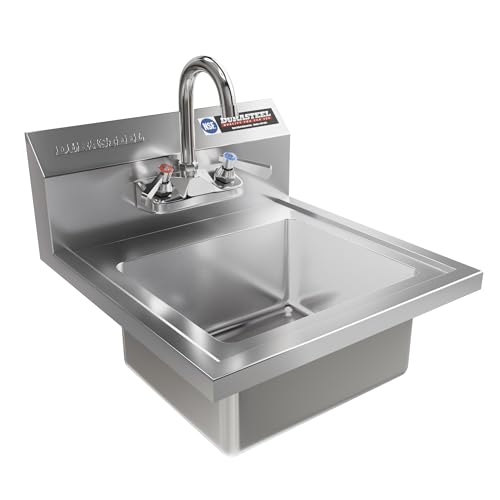 DuraSteel Stainless Steel Sink - NSF Commercial Wall Mount Kitchen Sink - Small Hand Sink with 12" x 10" x 5.5"D Wash Basin - With Sink Strainer and Faucet - For Laundry, Restaurants, Bars, and More