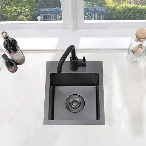 Image of SHACO 15x15 Drop In Black Bar Sink, 15 Inch Stainless Steel Top Mount Gunmetal Black 16 Gauge Single Bowl Small Kitchen Outdoor RV Sink with Strainer Drain