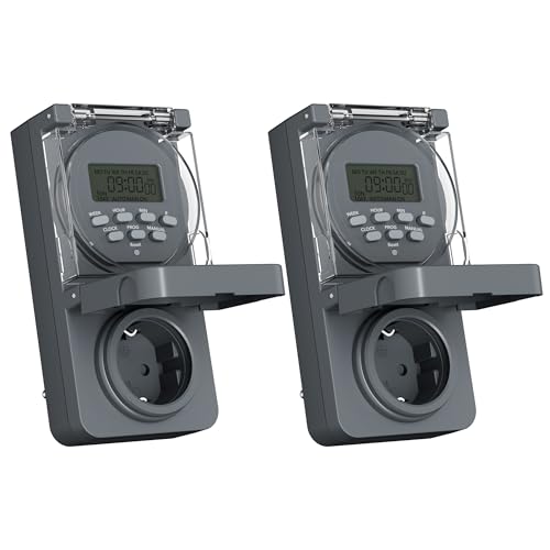 HBN 2er Digitale Zeitschaltuhr Steckdose Außen, 8 Schaltprogramme Wochenzeitschaltuhr mit Zufallsfunktion, IP44 Outdoor Timer-Steckdose für Weihnachtsdeko, Pool-Pumpen, Beleuchtung im Garten, 3680W