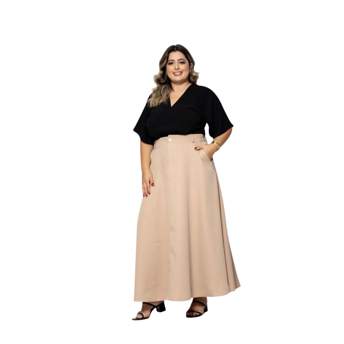 Saia Longa Plus Size Alfaiataria, com Bolsos, moda feminina Evangélica saipl-007