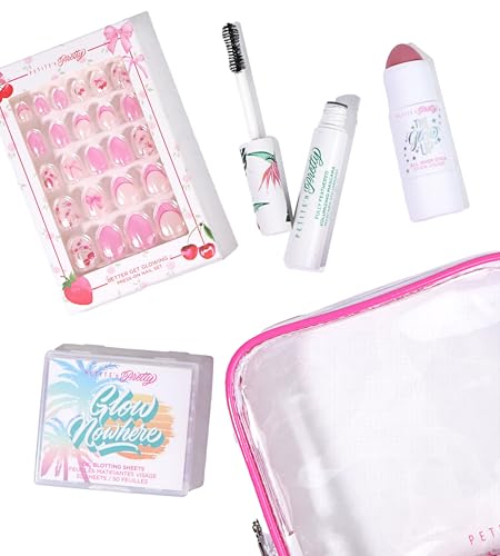 Petite n Pretty Better Get Glowing Makeup Set Safe Beauty Kit for Kids & Tween w/Press-On Nails Mascara Blush Stick Blotting Sheets in Clear Travel Bag
