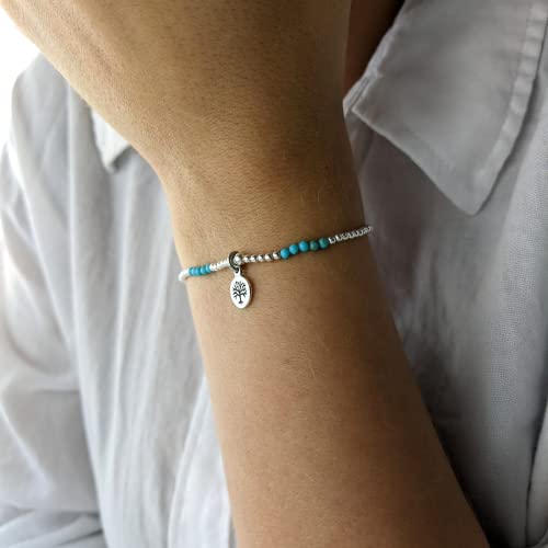 Silverly Sterling Silver Turquoise Bead Bracelet With Engraved Tree Charm - Small Ball Beaded Elastic Bracelet in 925 Silver - Stacker Jewelry for Women - Blue Gemstone Stretch Friendship Bracelets2