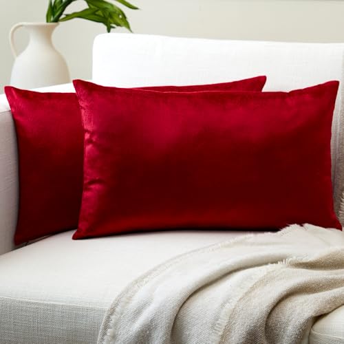 Encasa XO Housses de Coussin Velours, Set de 2 pièces (50x30 cm) - Rouge - Teinture Couleur Unie, Doux et Moelleux, Lavable, Grand Coussin décoratif carré...