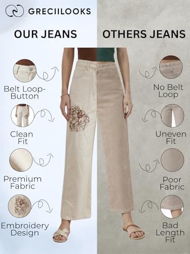 Image of GRECIILOOKS Embroidery Jeans for Women| Women's Summer Wide Leg Denim Jeans | High Waist Straight Fit Casual Pants for Office, Vacation & Everyday Wear