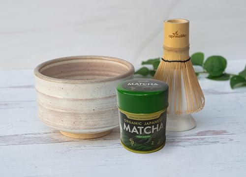 BeigeCeramic Matcha Set - Japanese Matcha Bowl, Ceremonial Matcha 30g, Bamboo Matcha Whisk and Whisk Holder - Handcrafted Matcha Cup, 100 Prongs Chasen by Aprika Life
