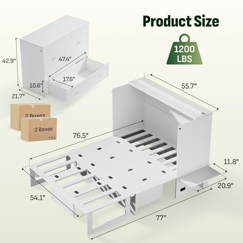Image of Softa Murphy Bed Full with Drawer, 1200Lb Support, Fold-Down Side Table & Charging Station, Mattress Storage Space, No Box Spring Needed, Space Saving Murphy Bed Cabinet for Guest Room & Home Office