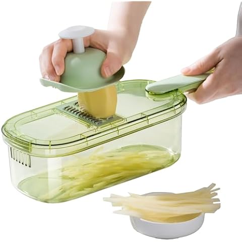 6-In-1 Mandoline Slicer with Storage Bin & Handle By PREMIUS, Plastic Container Bin With Stainless Steel Blades, Includes: 6 Blades, Waffle Cut, Julienne, Slices, Safety Grip, Green-Clear, 1.5 Quarts Cover