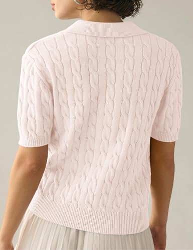 Image of BeautyNee Women's Short Sleeve Sweaters Tops Solid Lapel V Neck Cable Knit Polo Sweater Casual Soft Collared Pullover
