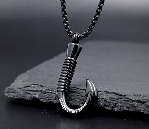 YOUFENG Fishing Hook Urn Necklace for Ashes Stainless Steel Cremation Jewelry Always in My Heart Ashes Necklaces Memorial Keepsake for Men2