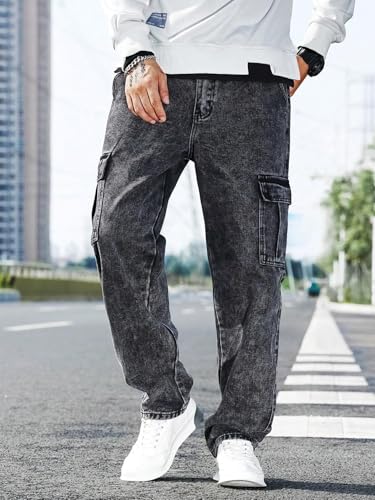 Image of QNIM Cargo for Men | Loose Fit White Denim Jeans | Stylish Cotton Multi-Pocket Casual Styling Pant | Trendy Straight Leg Comfortable Utility Streetwear Trousers (Q-04-05)