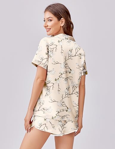 Image of Ekouaer Silk Satin Pajamas 2 Piece Silky Pjs Short Sets Sleepwear Button Down Loungewear for Women Apricot Floral XX-Large