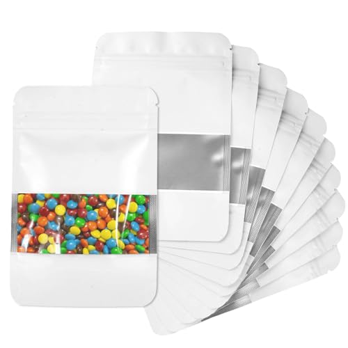 100 Piezas Bolsas de Papel de Aluminio, 10 × 15 cm Bolsas con Ventana para Almacenar Alimentos, Reutilizables Bolsa de Mylar Resellables, Impermeables Bolsa Ventana Ziplock para Café Cereales Dulces