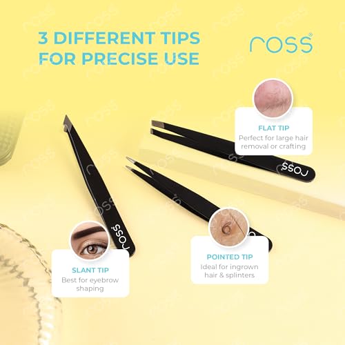 Image of Ross 3PCS Precision Tweezers Set - Stainless Steel Slant, Pointed & Curved Tips - Professional Kit for Eyebrow Shaping, Facial Hair, Ingrown Hair & Splinter Removal, Craft & Beauty Use - Black Finish