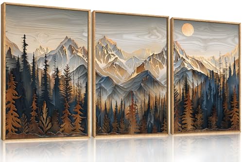 Celestdeco Wood Mountain Framed Canvas Wall Art Set, Pine Trees Wall Painting, Ridge Scenery Wall Decor, Natural Sun Landscape Art Print for Living Room, Bedroom, Dining Room, Office - 16