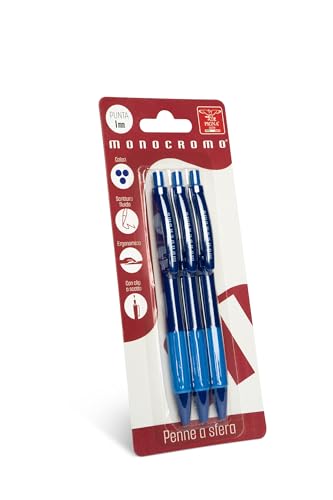 Pigna, bolígrafo monocromo con mecanismo de clic, blíster de 3 unidades, tinta azul, escritura fluida, ideal para el colegio y la oficina