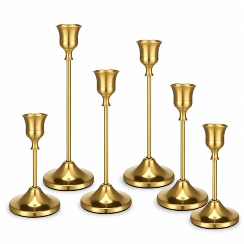 Image of 6Pcs Gold Brass Taper Candle Holders Set, Vintage Metal Candlestick Holder