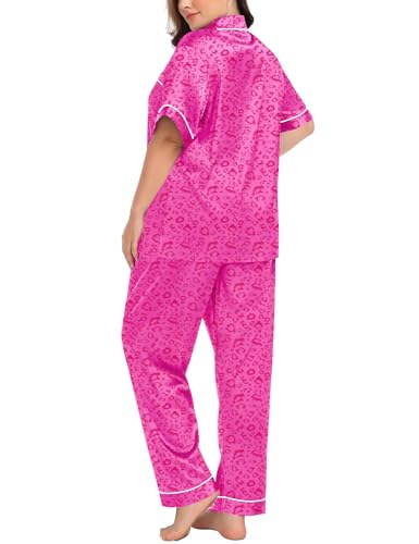 Image of SWOMOG Women's Plus Size Pajamas Silk Satin Pajama Set Short Sleeve Shirt with Full-Length Pants Pjs Sleepwear Set 18W-26W