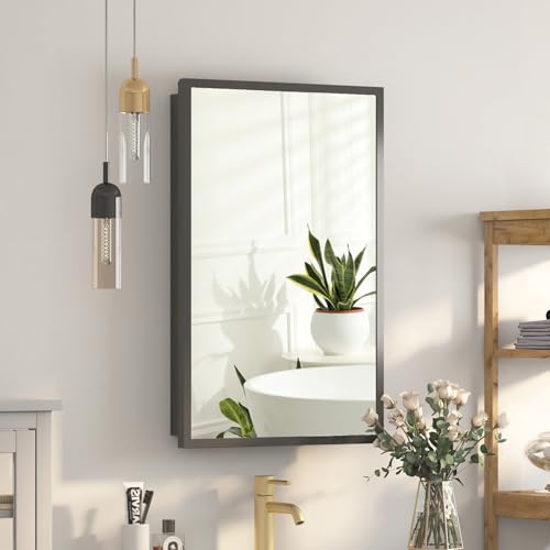 Mepplzian Metal Recessed Medicine Cabinet for Bathroom, Black Wall Mounted Mirror Storage With Adjustable Shelves, 16x26