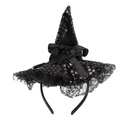 Chapéu de bruxa bandana, Halloween diadema de bruxa com renda penas laço, acessórios disfarce de gorro de bruxa para mulher e criança, acessórios disfarce para Halloween cosplay festas (preto)