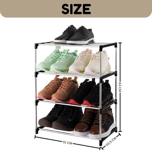 Image of Melanie 4 Tier Shoe Rack for Home, Alloy SteelShoe Stand for 8-12 Pairs, Space Saving Shoe Organizer Shelf, Rust-Proof Portable Footwear Storage for Entryway, Bedroom & Closet