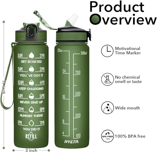 Image of TEKCOOL Motivational 1L Capacity Green Plastic Bottle with Straw | Leakproof, Durable, BPA-Free | Ideal for School /College /Office /Travel, Sports /Outdoor Activities'