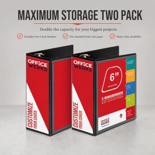Image of 2 Pack 6 Inch 3 Ring Binder, Heavy Duty Locking D-Ring, Holds 1100+ Sheets | Fits 8.5 x 11 Inch Paper, Non-Stick Clear View Cover, Customizable Spine, PVC-Free, with Pockets, Black - Performore