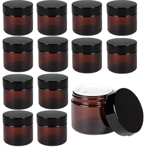 12 Stück Amber Glas Leerdose,50ml Braunen Tiegel Cremedose Glasbehälter Leere,Nachfüllbare Behälter Jars,mit Deckel und Liner für Kosmetik Cremes Lotionen Ätherische Öle Pulver Spenderflaschen