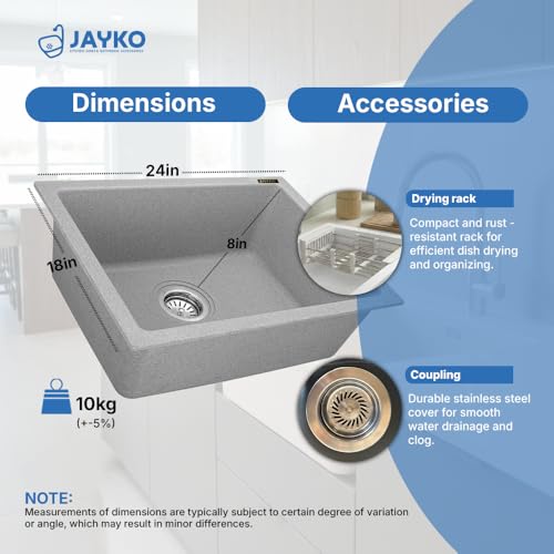 Image of JAYKO Quartz Acrylic Kitchen Sink for Modular Kitchen | Granite Finish, Scratch & Heat Resistant | Easy to Clean & Stylish Sink for Home (BR, 24x18in)