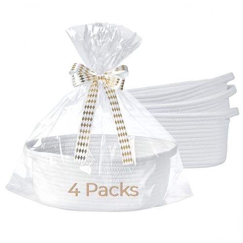 Image of 4-Pack Small Woven Gift Baskets Empty with Bags & Ribbons, Storage Basket for Father's Day for Dad, Baby Shower, Raffle, Birthday, Cute Organizer with Handles, 12 inchx8 inchx5 inch, White
