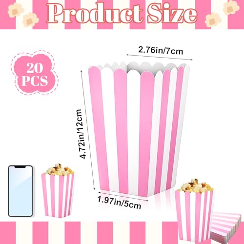 Image of 20 Pcs Pink Popcorn Boxes Mini Popcorn Bags for Party Small Puffed Rice Bowl Buckets Pink and White Striped Bags Paper Puffed Rice Container for Birthday Party Favor Movie Night Supplies
