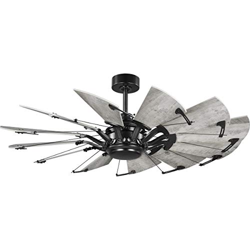 Image of Progress Lighting Springer Collection DC Motor Farmhouse Windmill Ceiling Fan, Matte Black, 12-Blade (52 inch W x 17-3 /8 inch H) P250065-31M