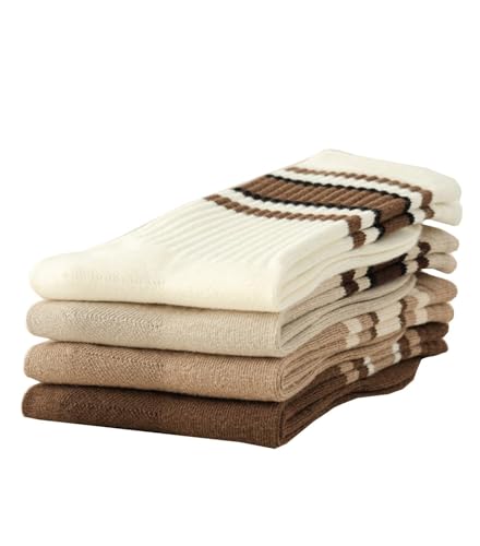 Image of Deeorla Womens Striped Crew Socks Brown Vintage Retro Athletic Socks 5 Pairs