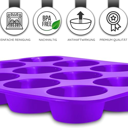 Foto von Belmalia Große Muffinform für 12 Silikonformen, antihaftbeschichtet, Backform für Muffins, Cupcakes, Kuchen, Brownies, Pudding, Violett