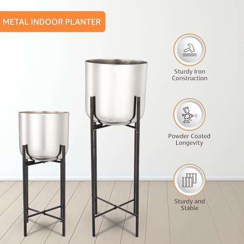 Image of amazon basics Set of 2 Planter with Plant Stand and Flower Pot for Home Decor and Indoor and Outdoor Gardening (Silver Finish)