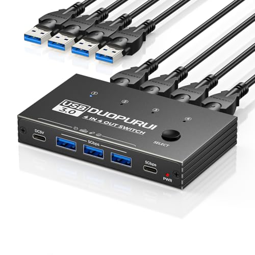 Image of USB 3.0 Switch 4 Computers Sharing USB C & A Devices,Easy One-Click Device Switching with USB-C Cable & USB-A Cable,USB Switch Hub Share Keyboard Mouse Printer Scanner(USB3.0 4in4out)