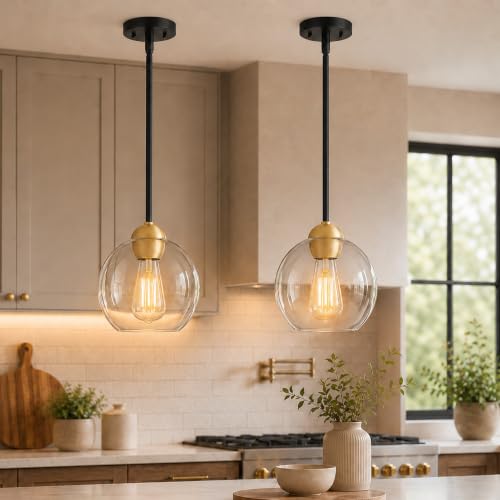 Image of Emak Modern 8 Inch Glass Pendant Lights Kitchen Island, 2 Pack Black and Gold Pendant Light Fixtures, Farmhouse Globe Island Lights for Kitchen, Dining Room, Bathroom, PL121-BKBGD-CG-2PK