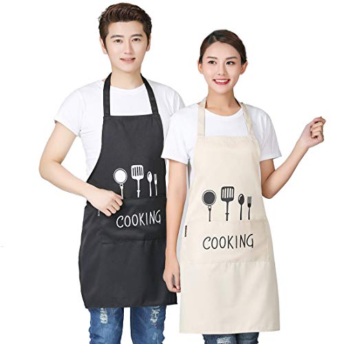 YEFAF Wasserdicht Schürzen Kochschürze, 2 Stück Couples Küchenschürze mit Taschen, für Herren und Damen Koch, Cupcake, Café Cover