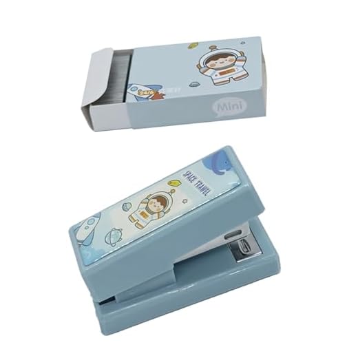 Mini grampeador de material de escritório fofo de desenho animado, pequeno grampeador, decalque de animal pop com conjunto de grampos para mesa (azul)