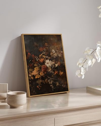 Image of KISSFOX Vintage Framed Wall Art Decor Rustic Floral Pictures Wall Decor Dark Botanical Canvas Art Prints Moody Flowers Paintings Artwork For Bedroom Living Room