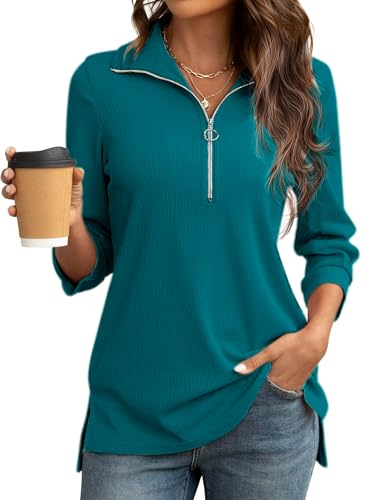 Hauts revers zippé pour femme et chemise chic élégante col polo à manches 3/4