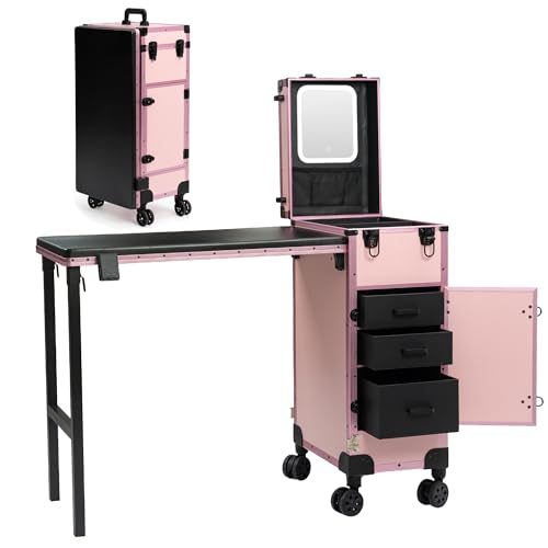 Image of Portable Manicure Table with 3 Drawers, Rolling Foldable Nail Desk with Detachable Mirror, Professional Makeup Train Case with Wheels and TSA Lock for Nail Techs & Salon Use