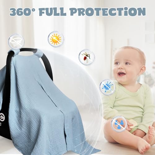 Image of Muslin Car Seat Cover for Babies, Baby Carseat Cover for Boys Girls, Breathable Infant Car Seat Canopy, Multiuse Baby Carrier Cover & Nursing Breastfeeding Cover(Blue)