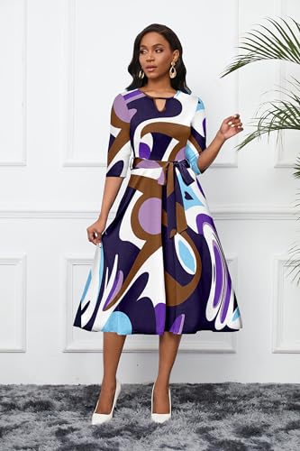 Image of CLOCOR Midi Dresses for Women Casual A-Line Fit and Flare Dress Crewneck 3 /4 Sleeve Keyhole Cocktail Party Church Dress