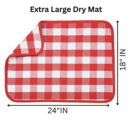 Image of Dish Drying Mat for Kitchen Utensils, Reversible Absorbant Cotton Checks Drying Mats, Washable, Counter top Cushion Pad Tableware, 46x61 Cms Red by Lushomes (18x24 Inches, Set of 2)