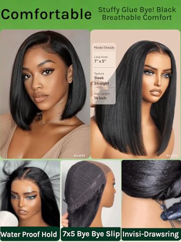 Image of KLAIYI Bye Bye Slip Bob Wig Human Hair Glueless Precut 7x5 HD Lace Front Wigs Drawstring Sleek Straight Pre Plucked Bleached Knots Pre Everything 30S Ready to Wear and Go Wig Beginner Friendly 14Inch