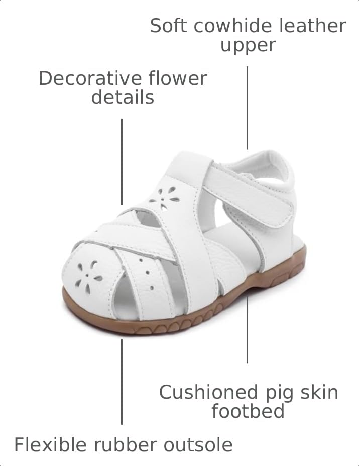 Image of Femizee Toddler Girls Leather Dress Sandals with Adjustable Strap | Toddler /Little Kids, Leather upper, Cushioned footbed, Hook-and-loop, Flexible Sole, Dressy summer occasions, Princess-style